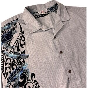Pacific Legend Hawaiian Shirt Men 3X Gray Sea Turtle Tribal Print Cotton Aloha